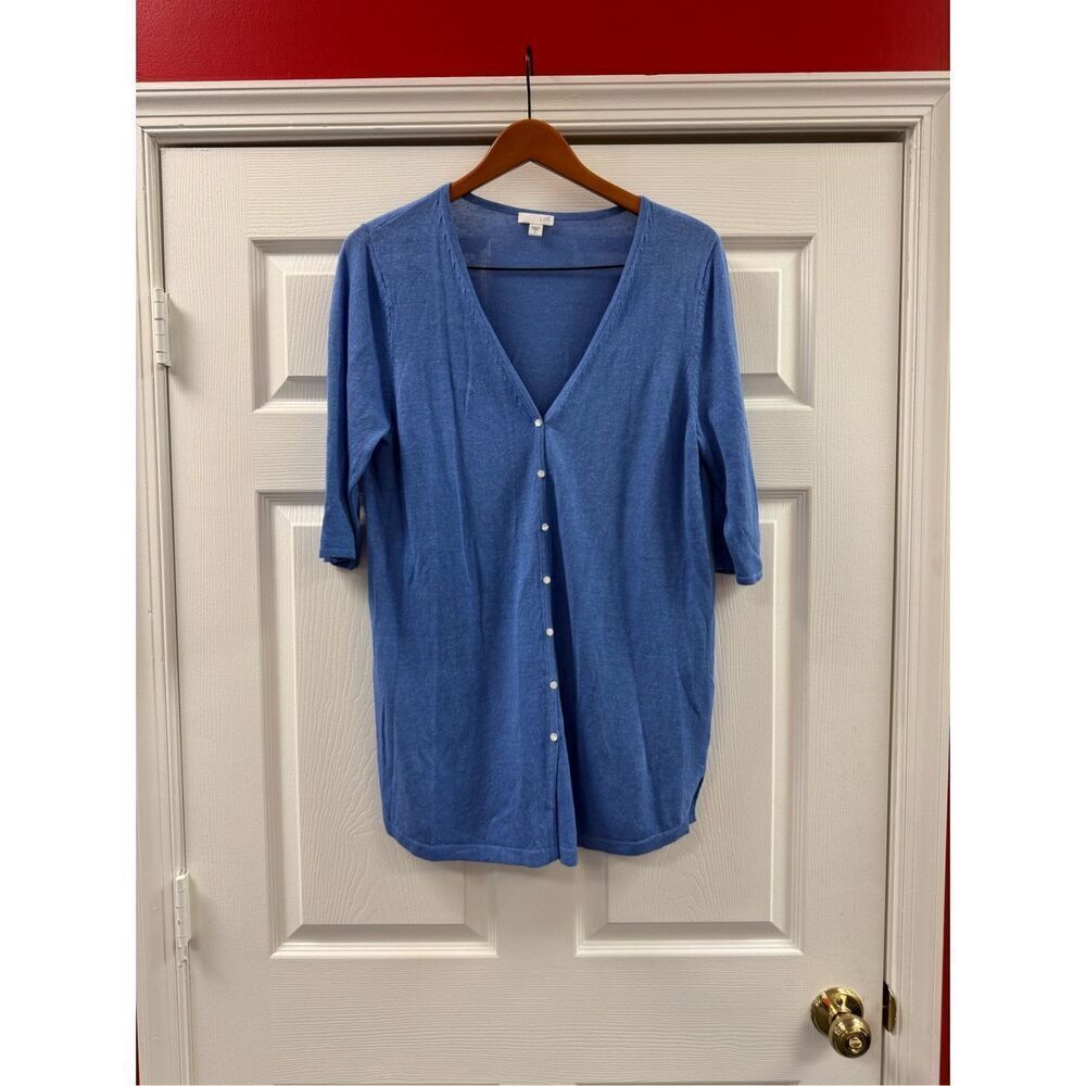 J. Jill Ocean Blue Short Sleeve Linen Blend Longer Button Up Cardigan Sweater sz
